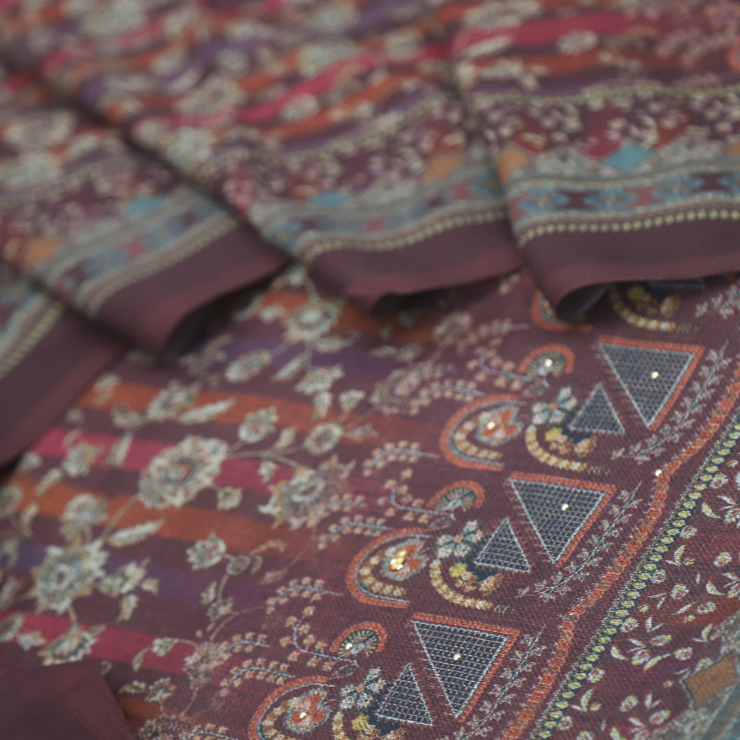 Bulaava Mulberry Purple Digital Printed Semi Pashmina Suit Set