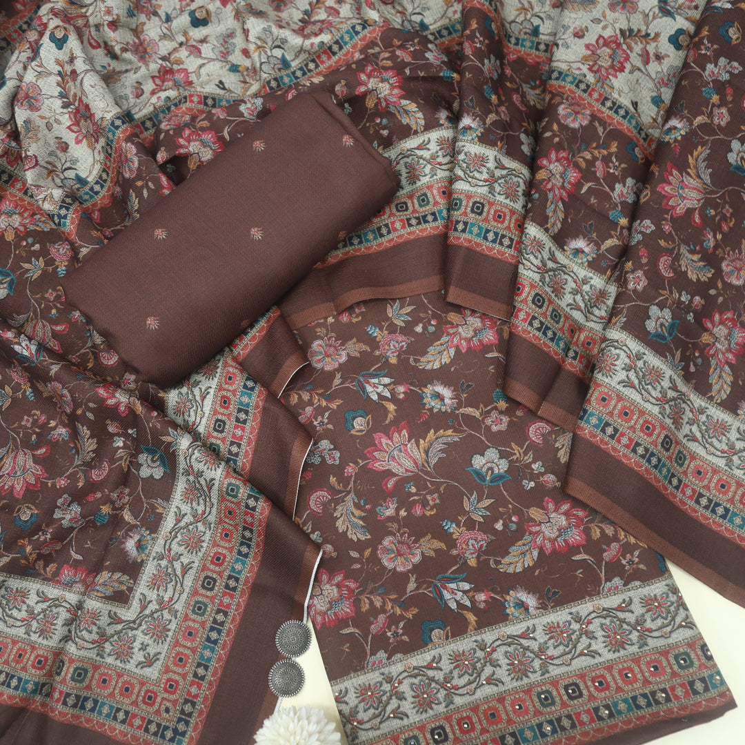 Bulaava Chocolate Brown Digital Floral Printed Semi Pashmina Suit Set