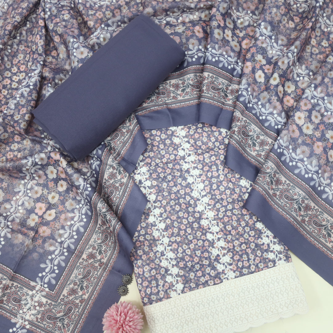 Aarazoo Purplish Blue Thread Weaved Printed Semi Pashmina Set