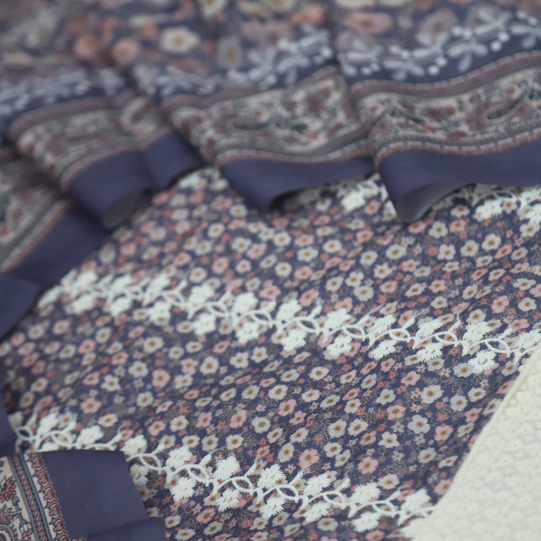 Aarazoo Purplish Blue Thread Weaved Printed Semi Pashmina Set