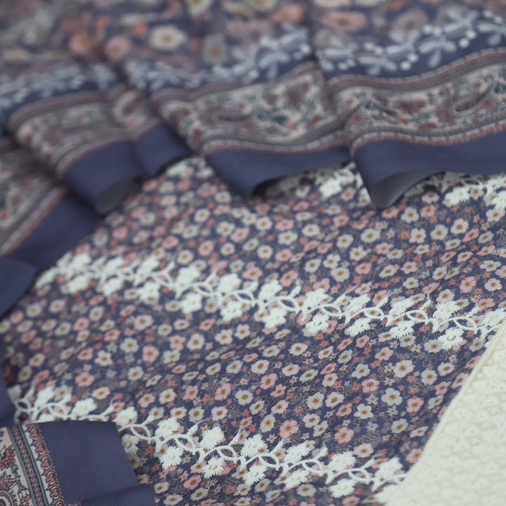 Aarazoo Purplish Blue Thread Weaved Printed Semi Pashmina Set