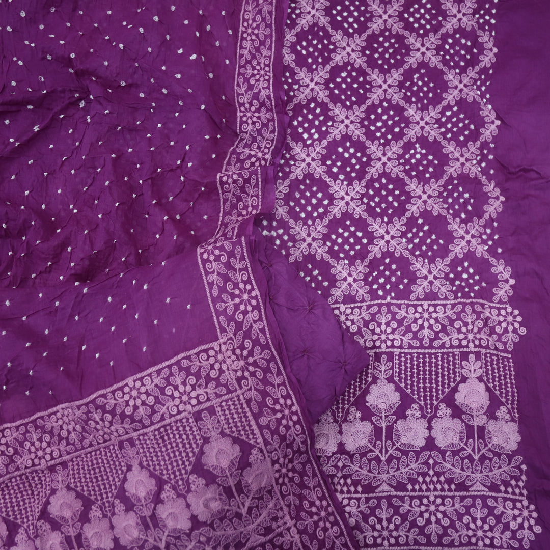 Mahreen Jam Purple Thread Work Top with Bandhej Dupatta Set