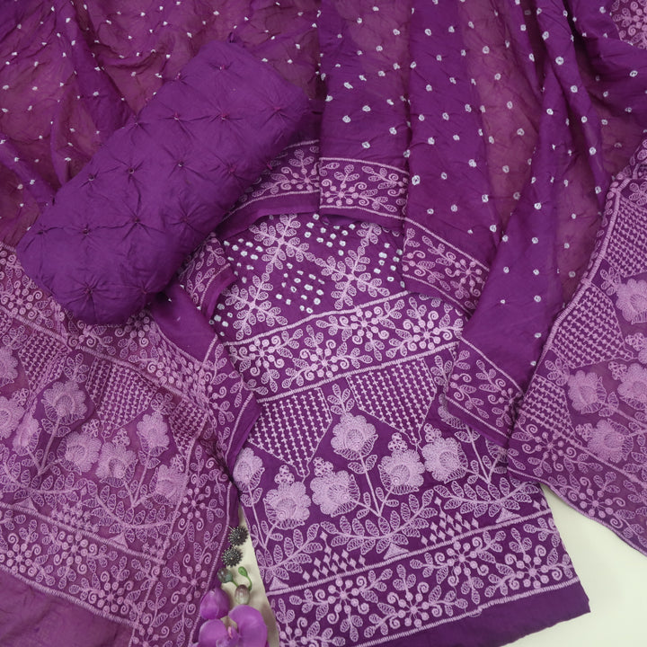 Mahreen Jam Purple Thread Work Top with Bandhej Dupatta Set