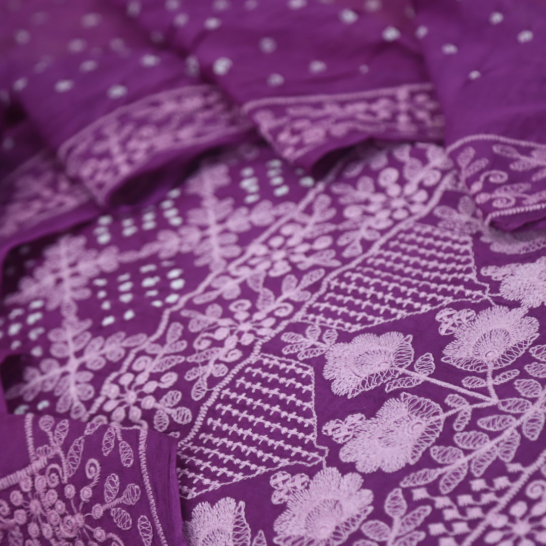 Mahreen Jam Purple Thread Work Top with Bandhej Dupatta Set