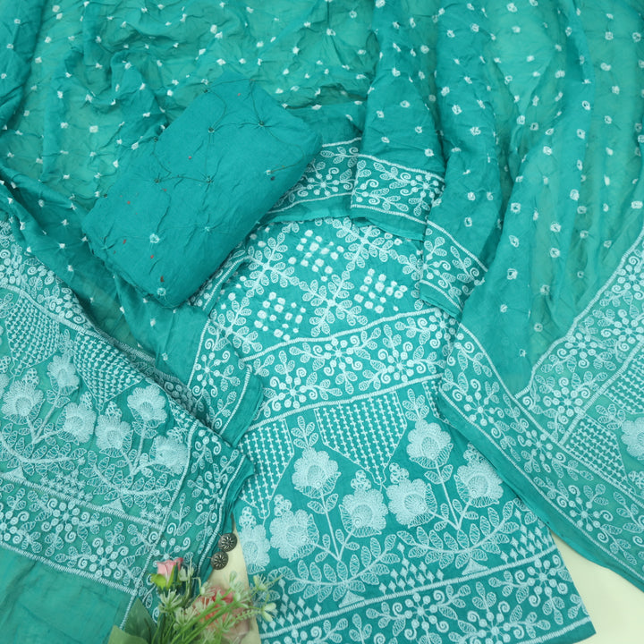 Mahreen Tiffany Blue Thread Work Top with Bandhej Dupatta Set