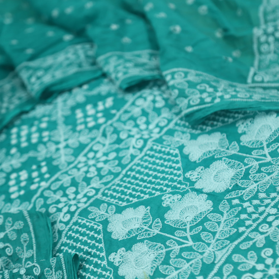 Mahreen Tiffany Blue Thread Work Top with Bandhej Dupatta Set