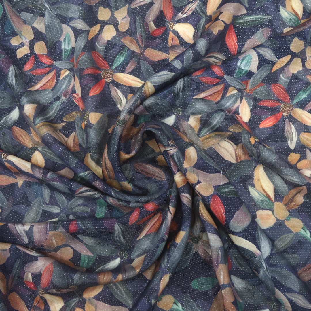Rangisari Navy Blue Floral Printed Viscose Shimmer Silk Fabric-2.5 Mtr