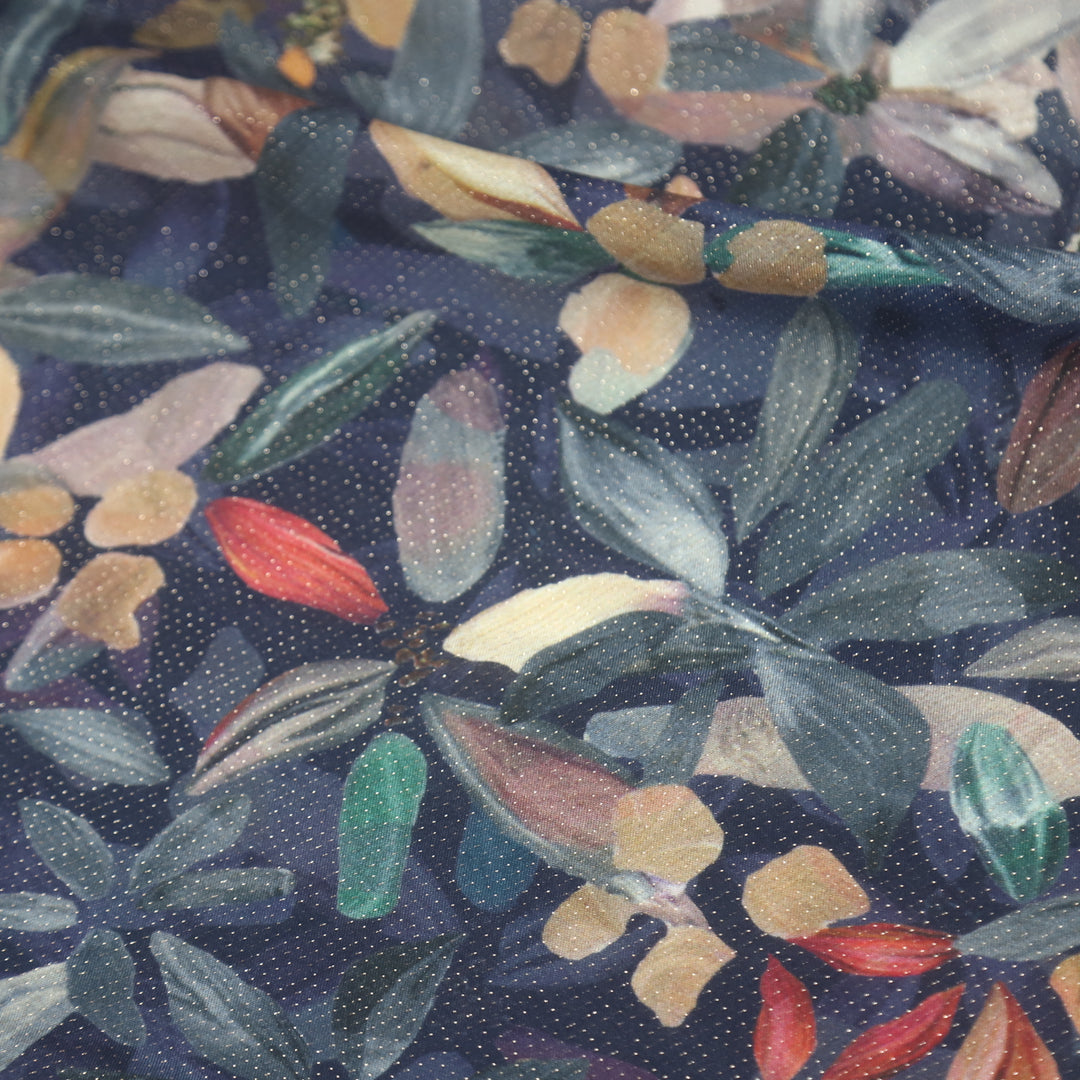 Rangisari Navy Blue Floral Printed Viscose Shimmer Silk Fabric-2.5 Mtr