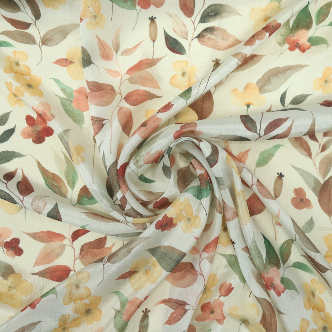 Rangisari Creamy White Digital Floral Printed Chinon Fabric-2.5 Mtr