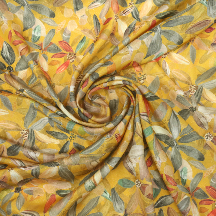 Rangisari Canary Yellow Floral Printed Viscose Shimmer Silk Fabric-2.5 Mtr