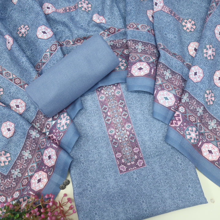 Kanya Pigeon Blue Digital Printed Semi Pashmina Suit Set