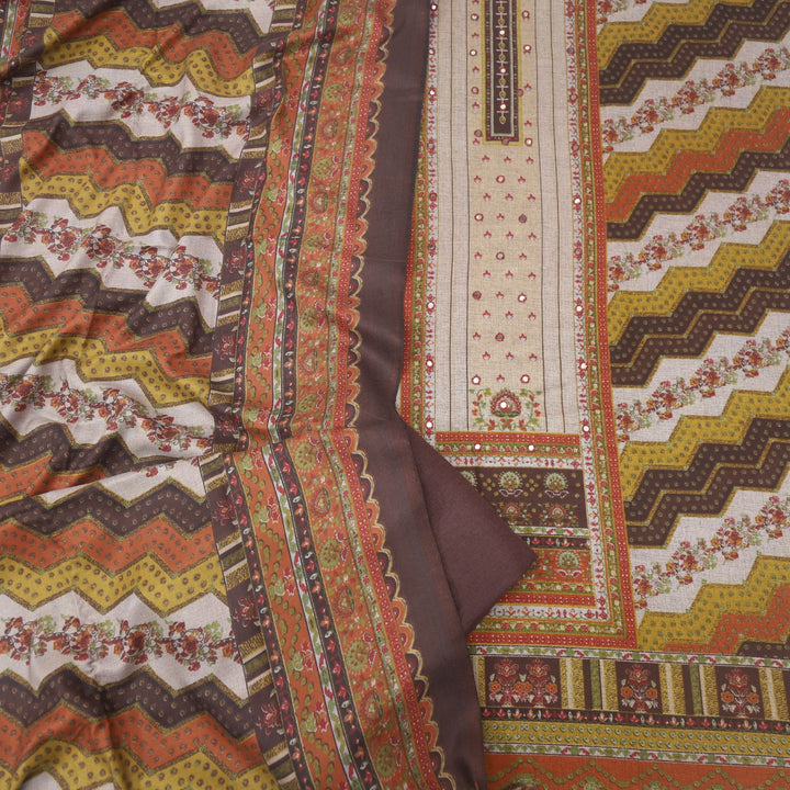 Param Sundari Coco Brown Ajrak Print Semi Pashmina Suit Set