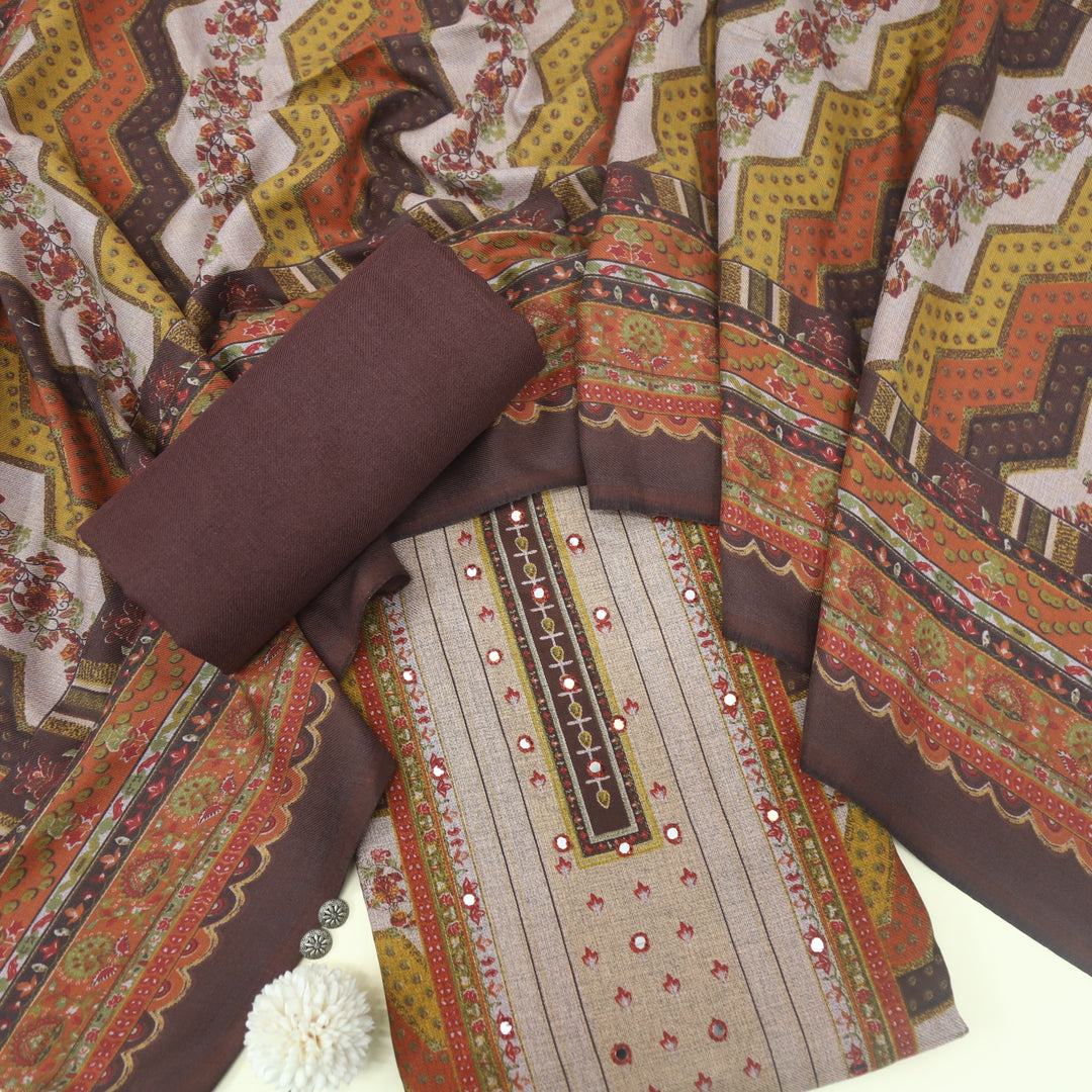 Param Sundari Coco Brown Ajrak Print Semi Pashmina Suit Set