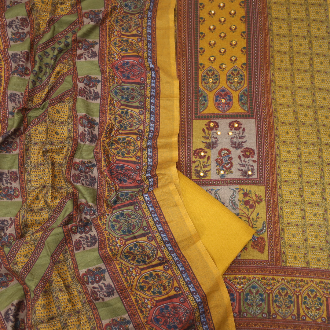 Param Sundari Sunflower Yellow Ajrak Print Semi Pashmina Suit Set