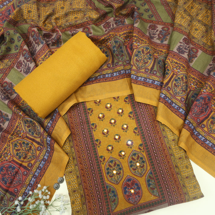 Param Sundari Sunflower Yellow Ajrak Print Semi Pashmina Suit Set