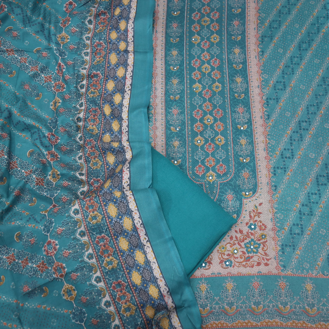 Param Sundari Teal Blue Ajrak Print Semi Pashmina Suit Set