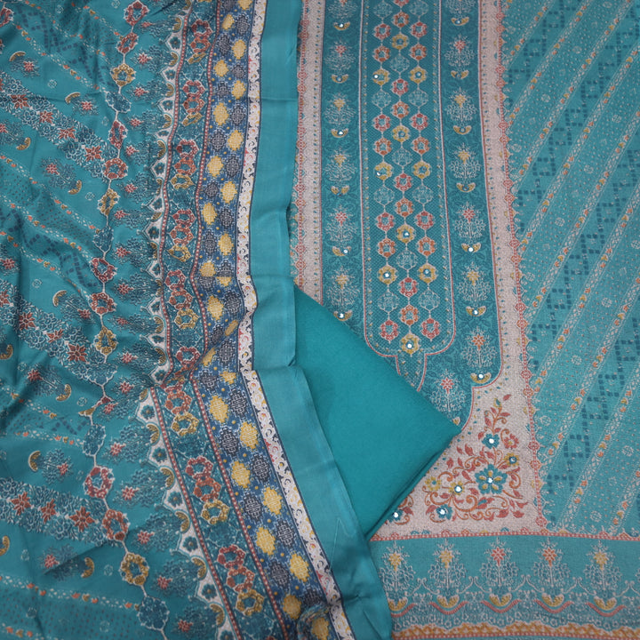 Param Sundari Teal Blue Ajrak Print Semi Pashmina Suit Set