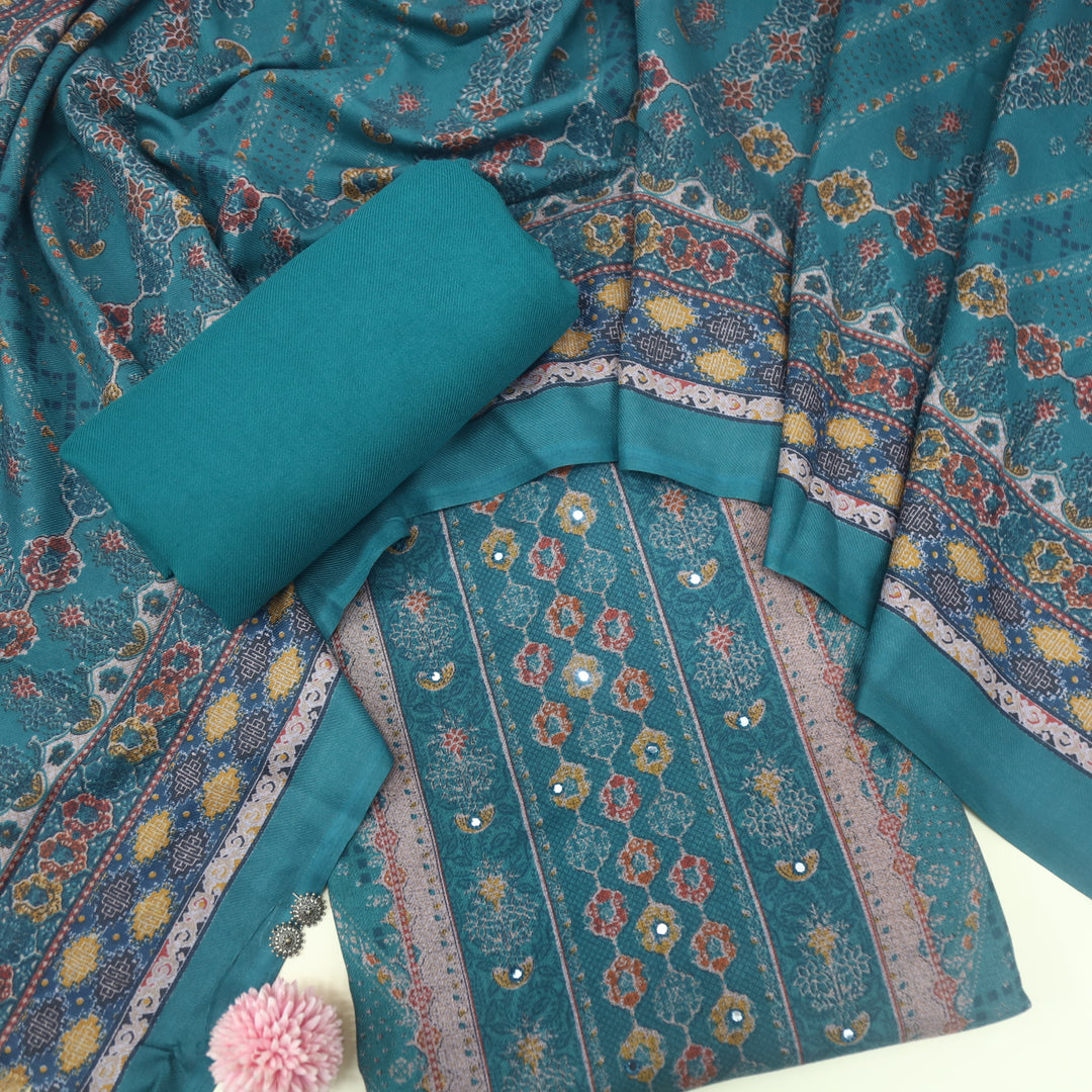 Param Sundari Teal Blue Ajrak Print Semi Pashmina Suit Set
