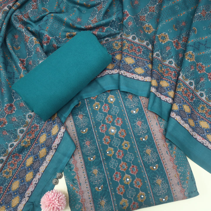 Param Sundari Teal Blue Ajrak Print Semi Pashmina Suit Set