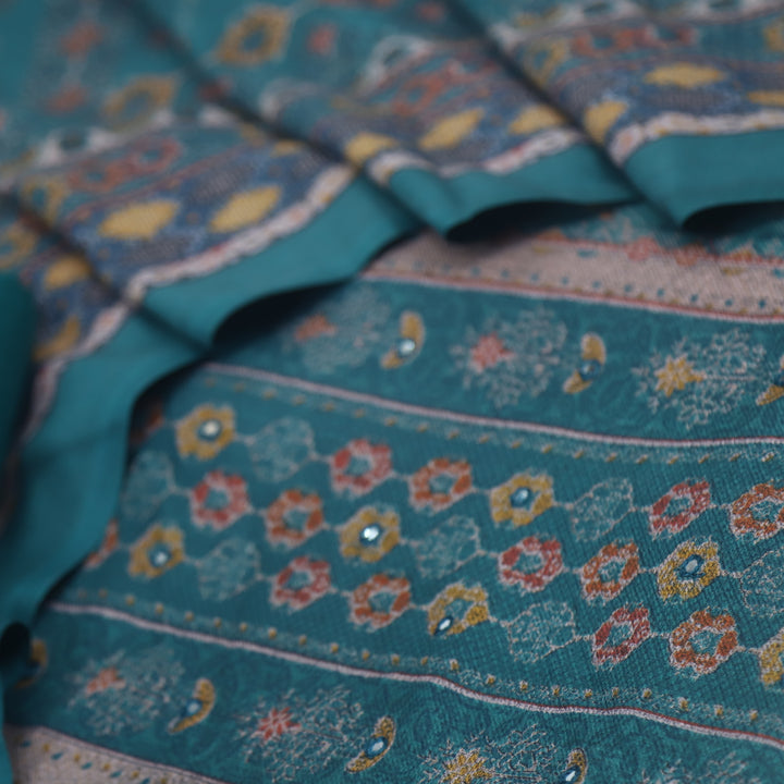 Param Sundari Teal Blue Ajrak Print Semi Pashmina Suit Set