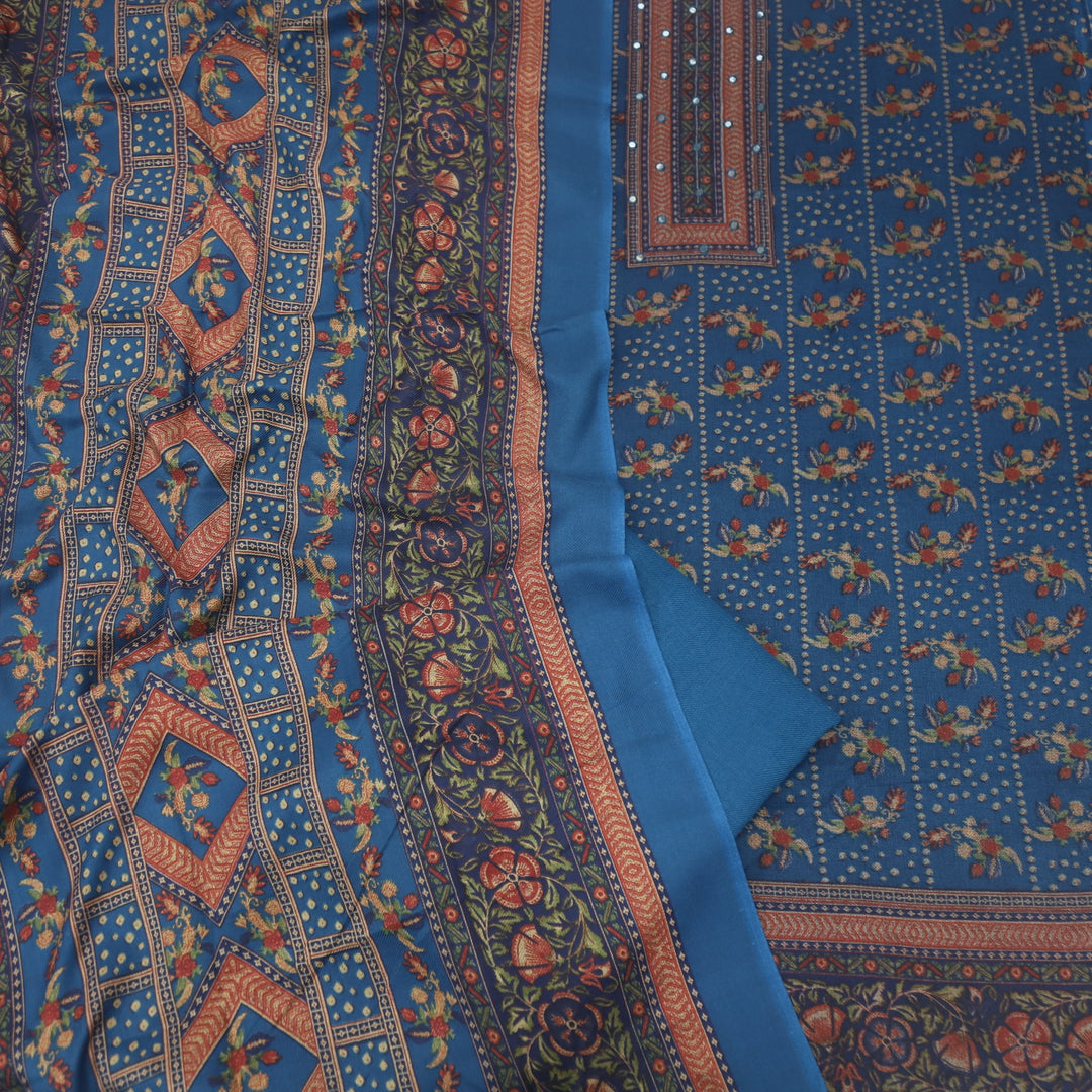 Param Sundari Denim Blue Ajrak Print Semi Pashmina Suit Set
