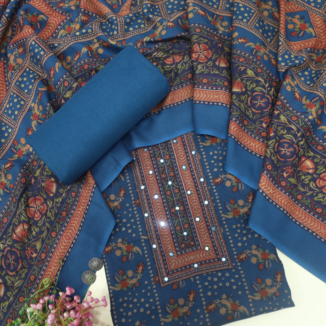 Param Sundari Denim Blue Ajrak Print Semi Pashmina Suit Set