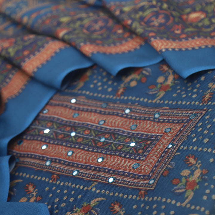 Param Sundari Denim Blue Ajrak Print Semi Pashmina Suit Set