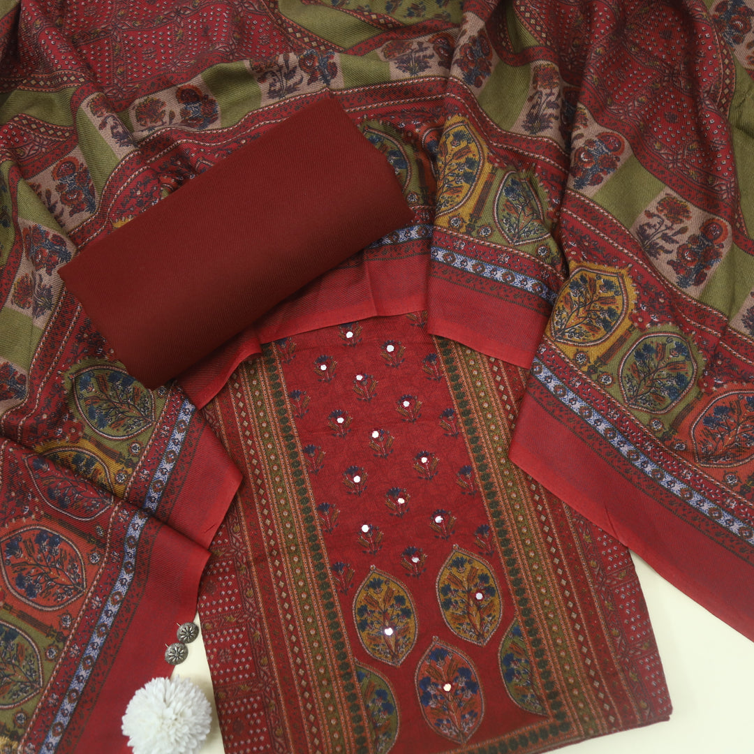 Param Sundari Dark Maroon Ajrak Print Semi Pashmina Suit Set