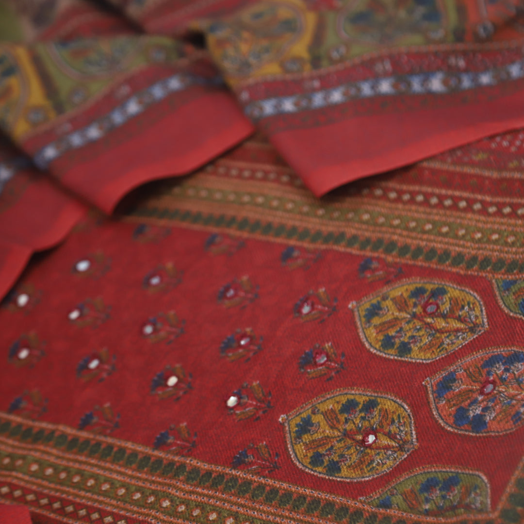 Param Sundari Dark Maroon Ajrak Print Semi Pashmina Suit Set