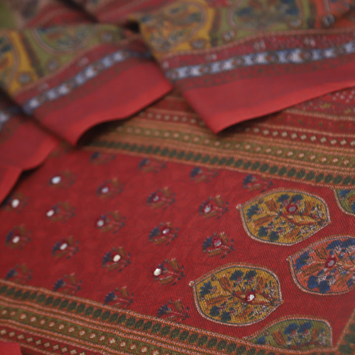 Param Sundari Dark Maroon Ajrak Print Semi Pashmina Suit Set