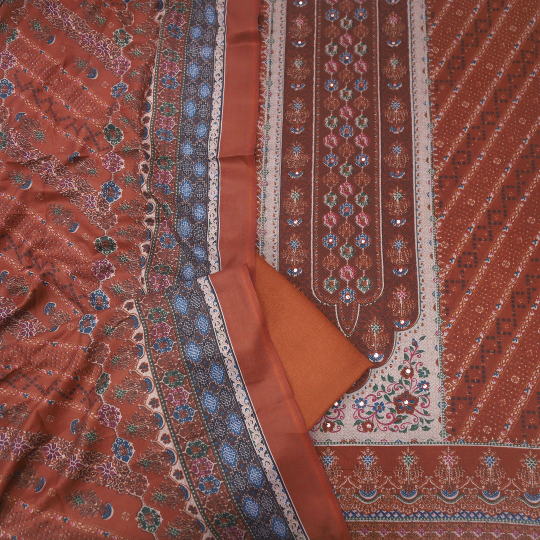 Param Sundari Rust Orange Ajrak Print Semi Pashmina Suit Set