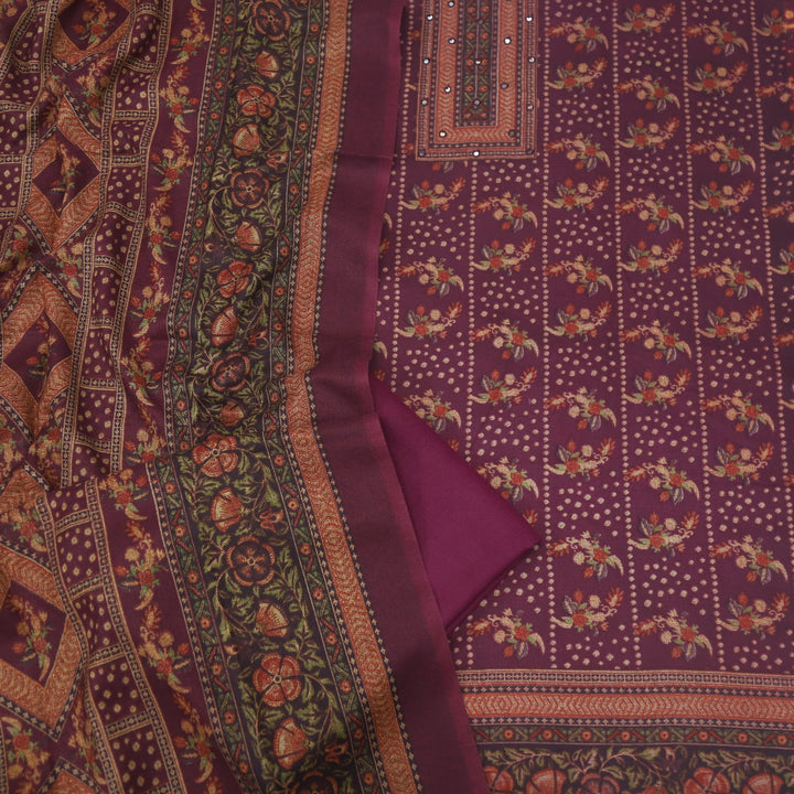 Param Sundari Eggplant Purple Ajrak Print Semi Pashmina Suit Set