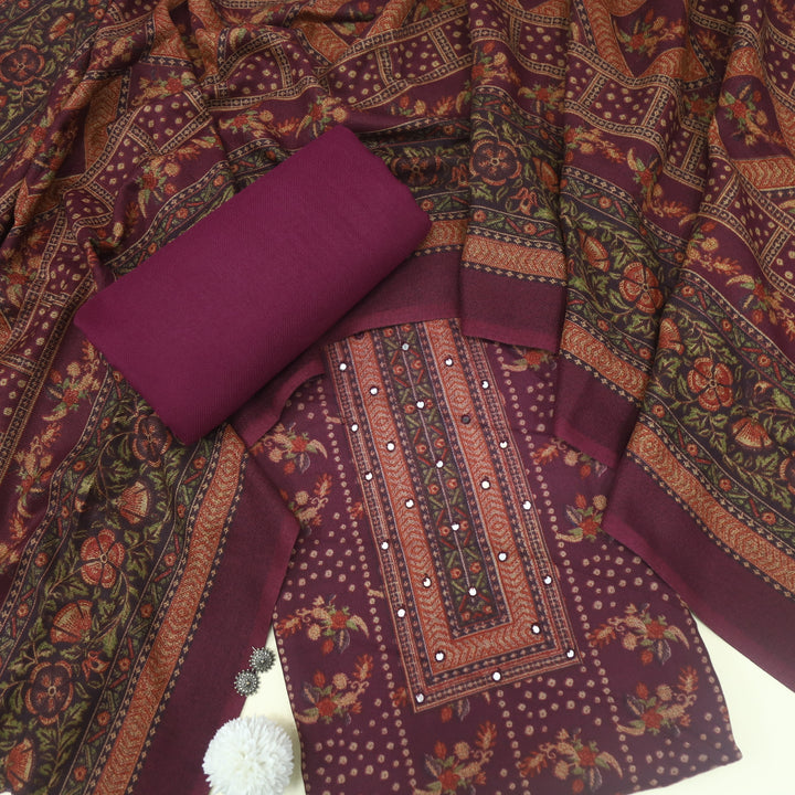 Param Sundari Eggplant Purple Ajrak Print Semi Pashmina Suit Set