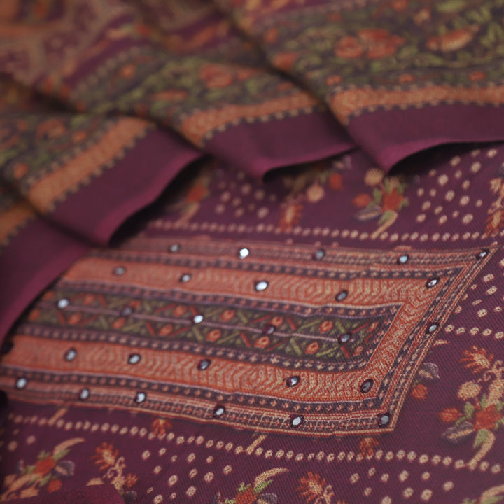 Param Sundari Eggplant Purple Ajrak Print Semi Pashmina Suit Set