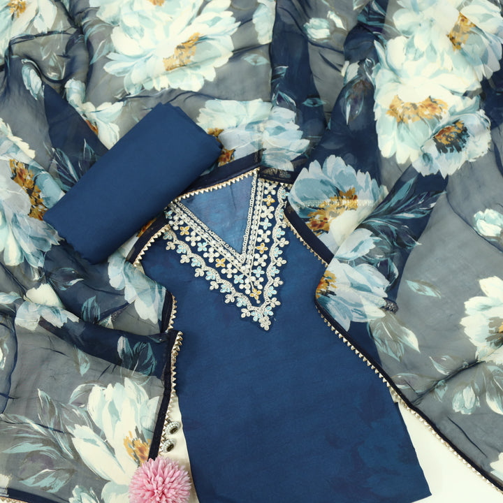Paahna Navy Blue V Neck Zari Embroidery Muslin Suit Set