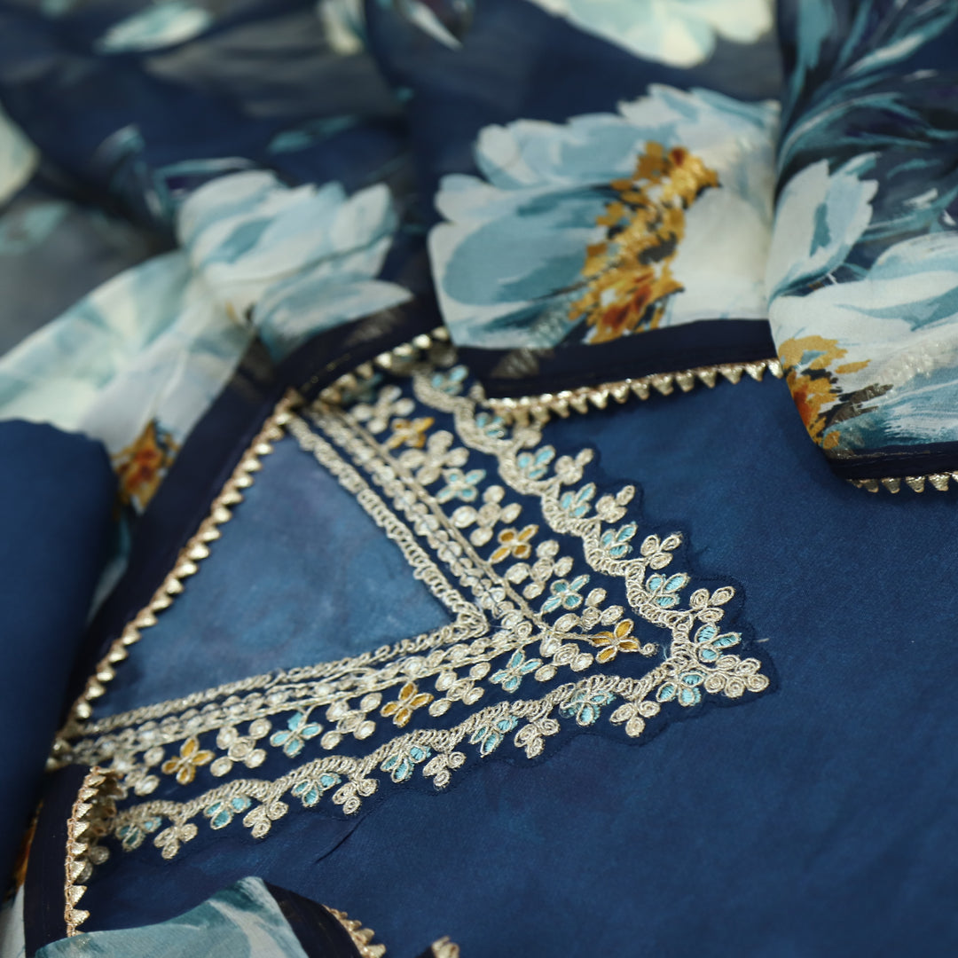 Paahna Navy Blue V Neck Zari Embroidery Muslin Suit Set