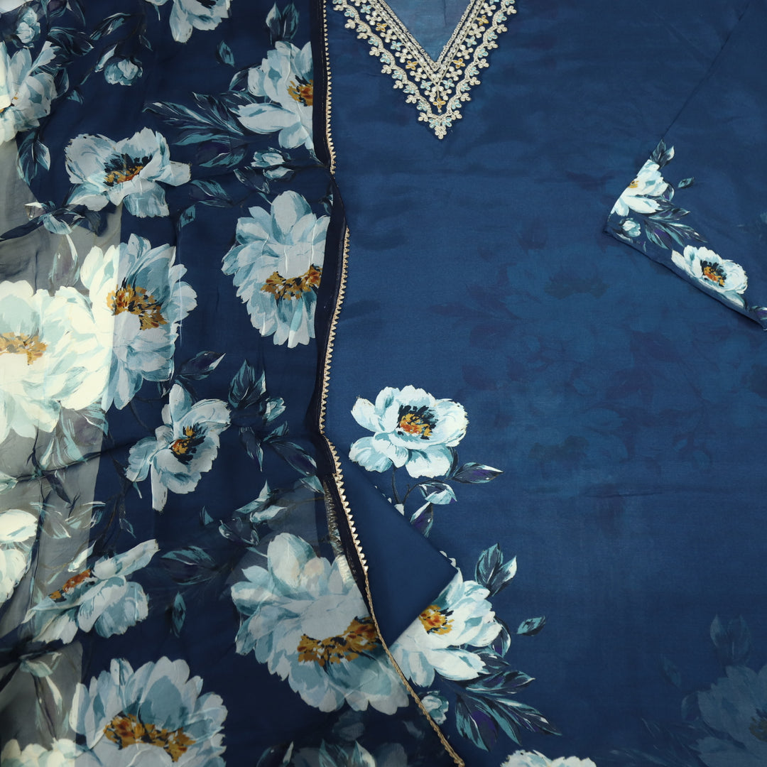 Paahna Navy Blue V Neck Zari Embroidery Muslin Suit Set