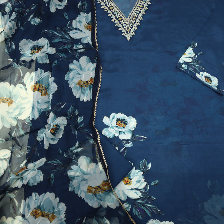 Paahna Navy Blue V Neck Zari Embroidery Muslin Suit Set