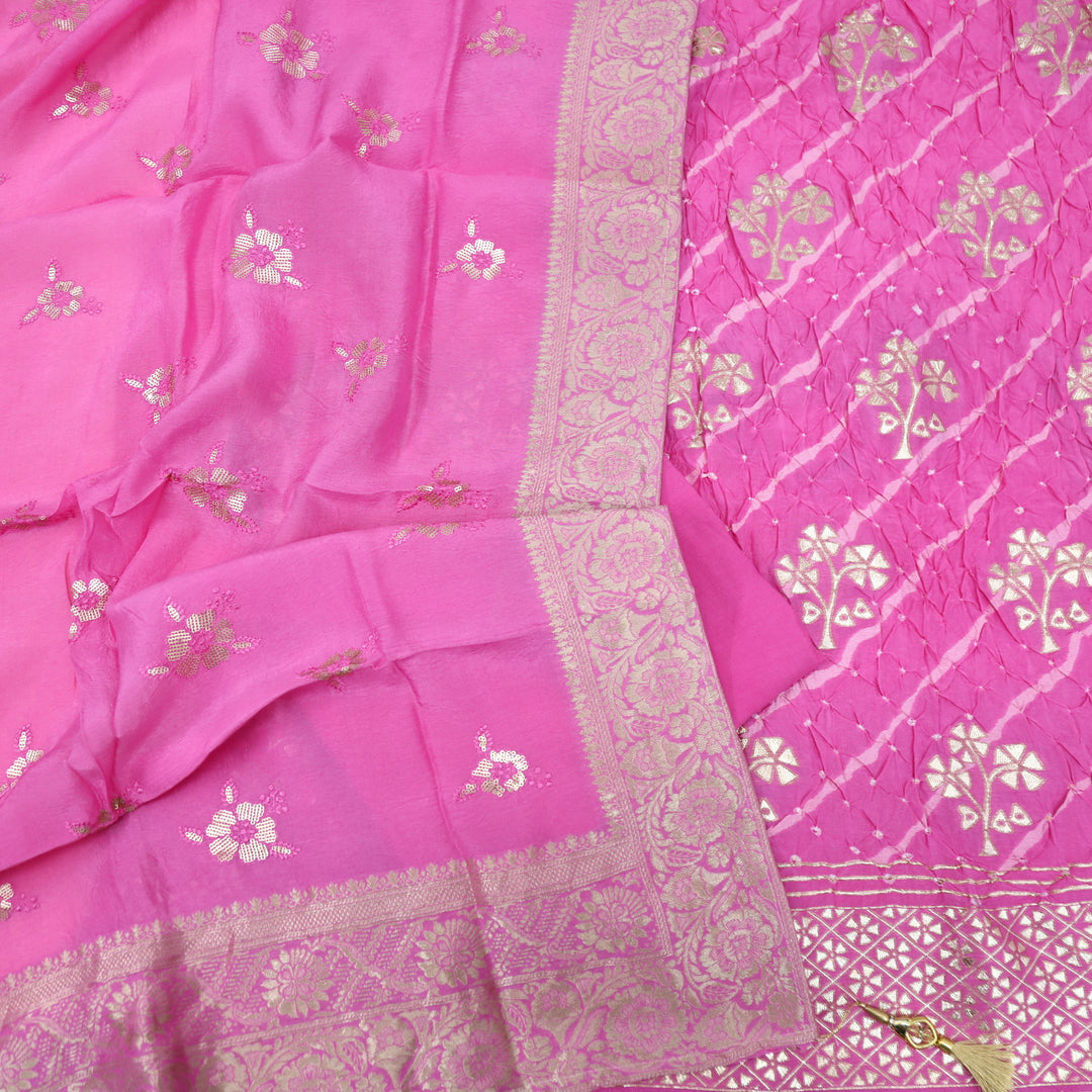 Hassmu Bright Pink Bandhej Work with Zari Weaved Dola Silk Suit Set