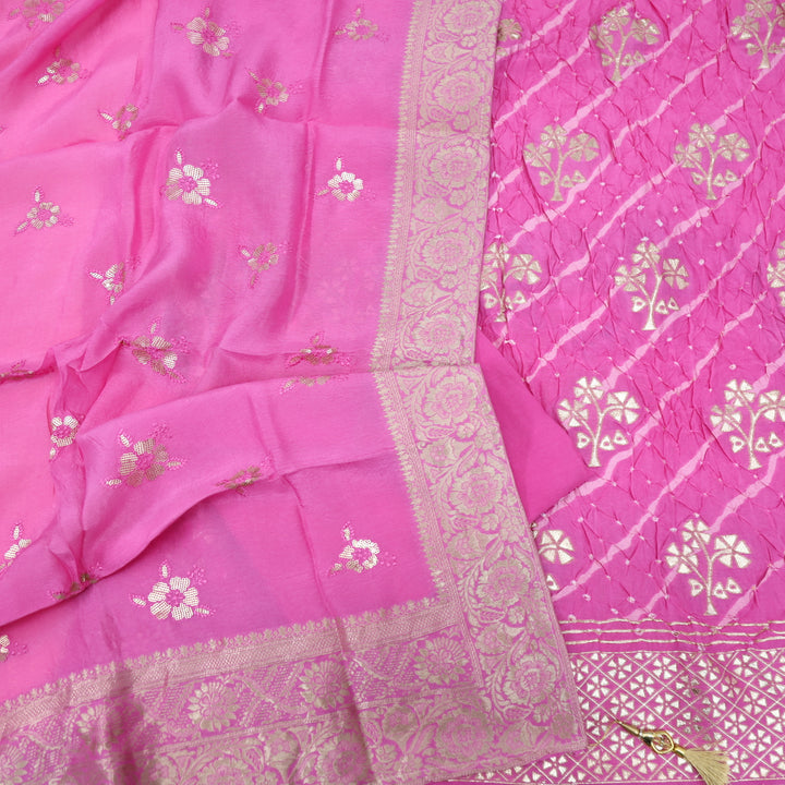 Hassmu Bright Pink Bandhej Work with Zari Weaved Dola Silk Suit Set