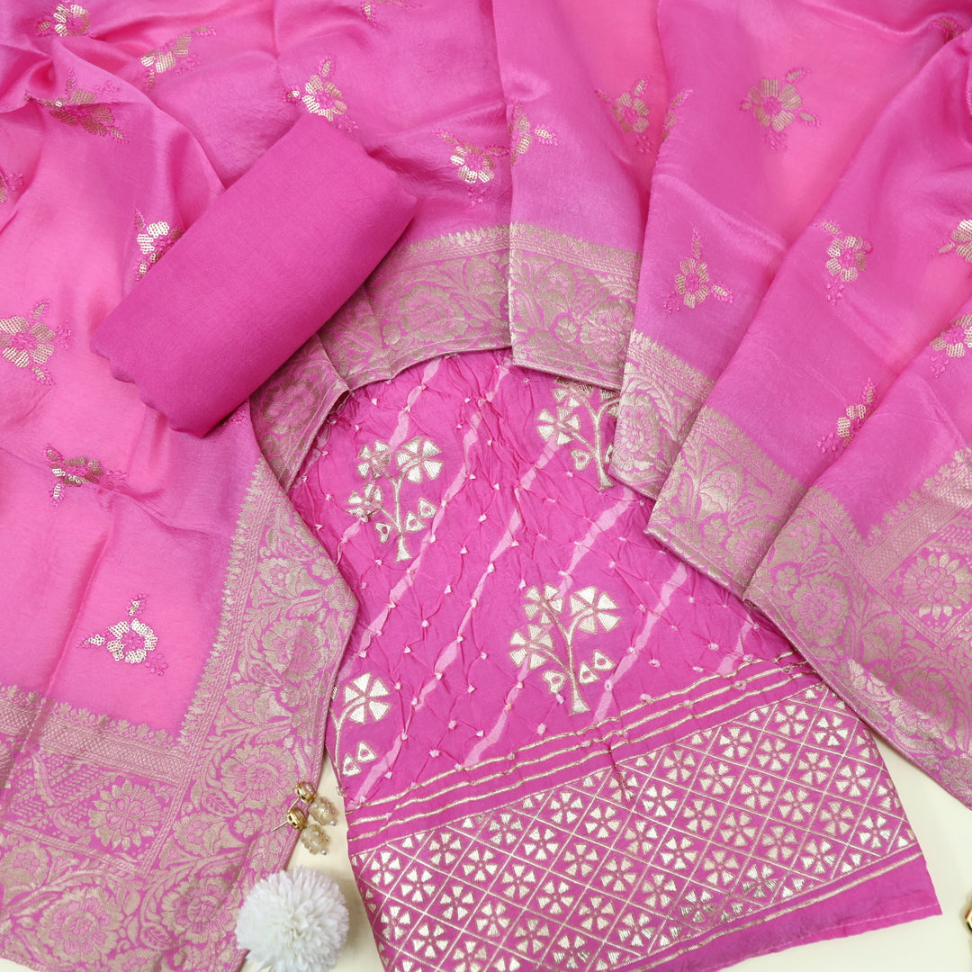 Hassmu Bright Pink Bandhej Work with Zari Weaved Dola Silk Suit Set