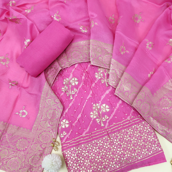 Hassmu Bright Pink Bandhej Work with Zari Weaved Dola Silk Suit Set
