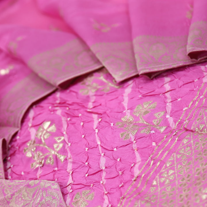 Hassmu Bright Pink Bandhej Work with Zari Weaved Dola Silk Suit Set