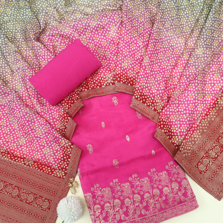 Musavvir Magenta Pink Zari Weaved Dola Silk Suit Set