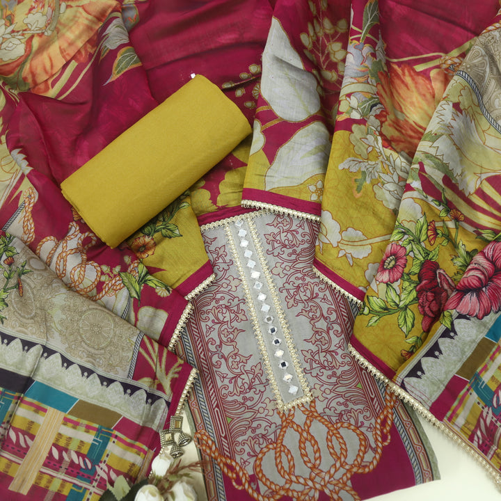 Paahna Dijon Yellow Digital Printed with Patra Work Muslin Suit Set