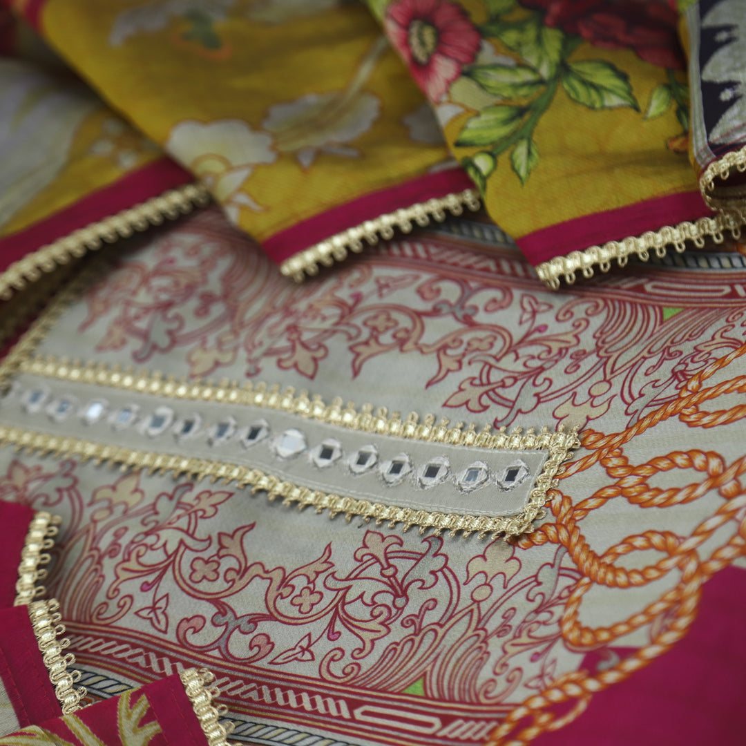 Paahna Dijon Yellow Digital Printed with Patra Work Muslin Suit Set