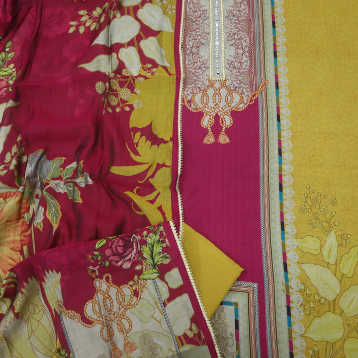 Paahna Dijon Yellow Digital Printed with Patra Work Muslin Suit Set