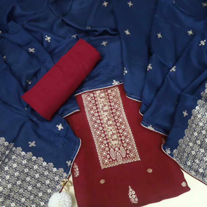 Deedar Maroon Red All Over Zari Weaving Dola Silk Suit Set