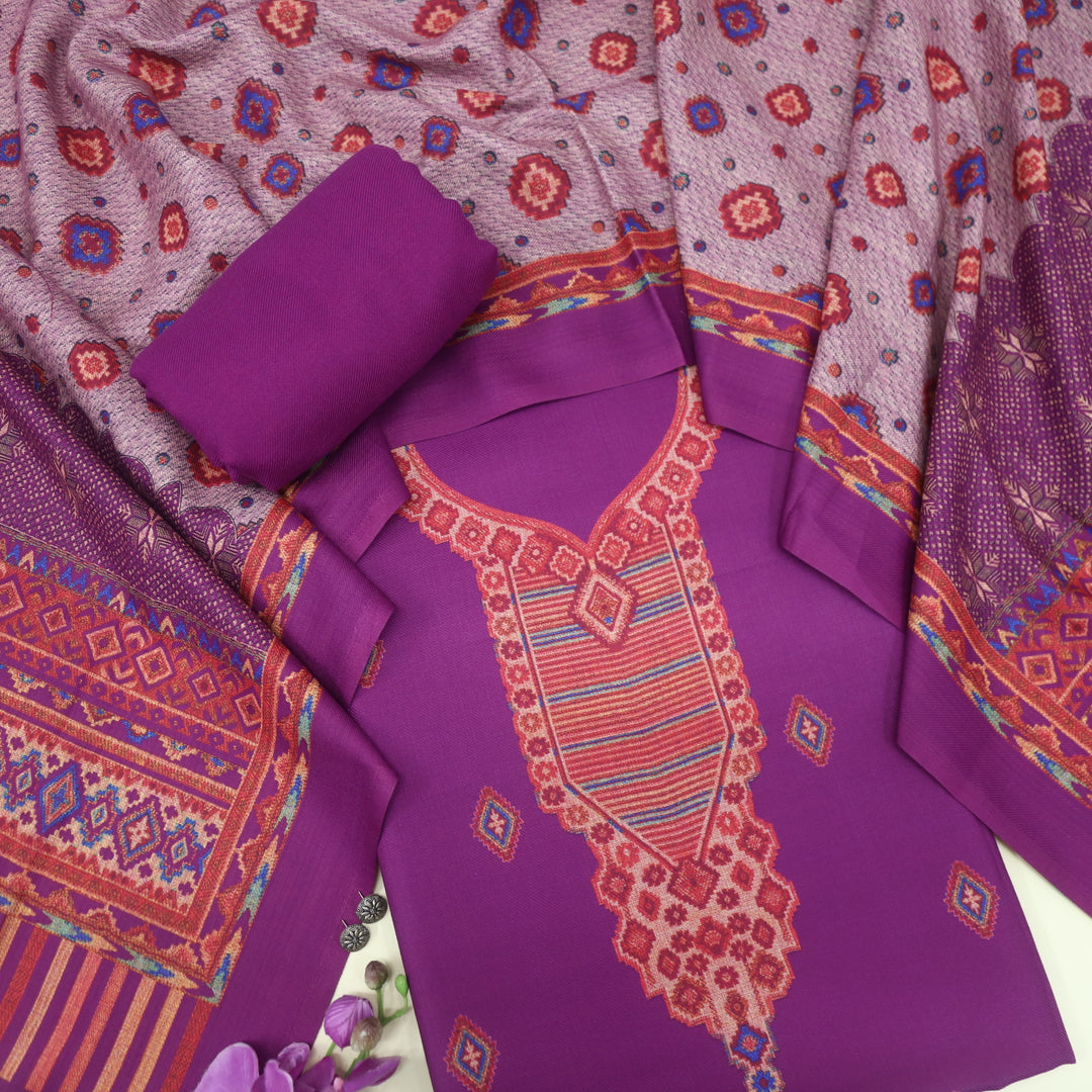 Qurbat Orchid Purple Digital Printed Semi Pashmina Suit Set