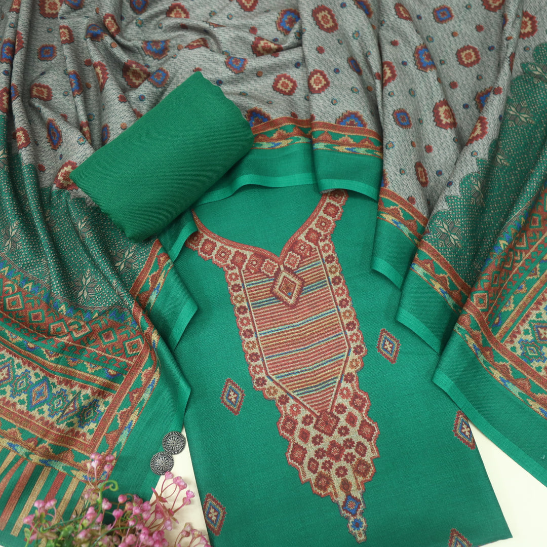 Qurbat Grass Green Digital Printed Semi Pashmina Suit Set